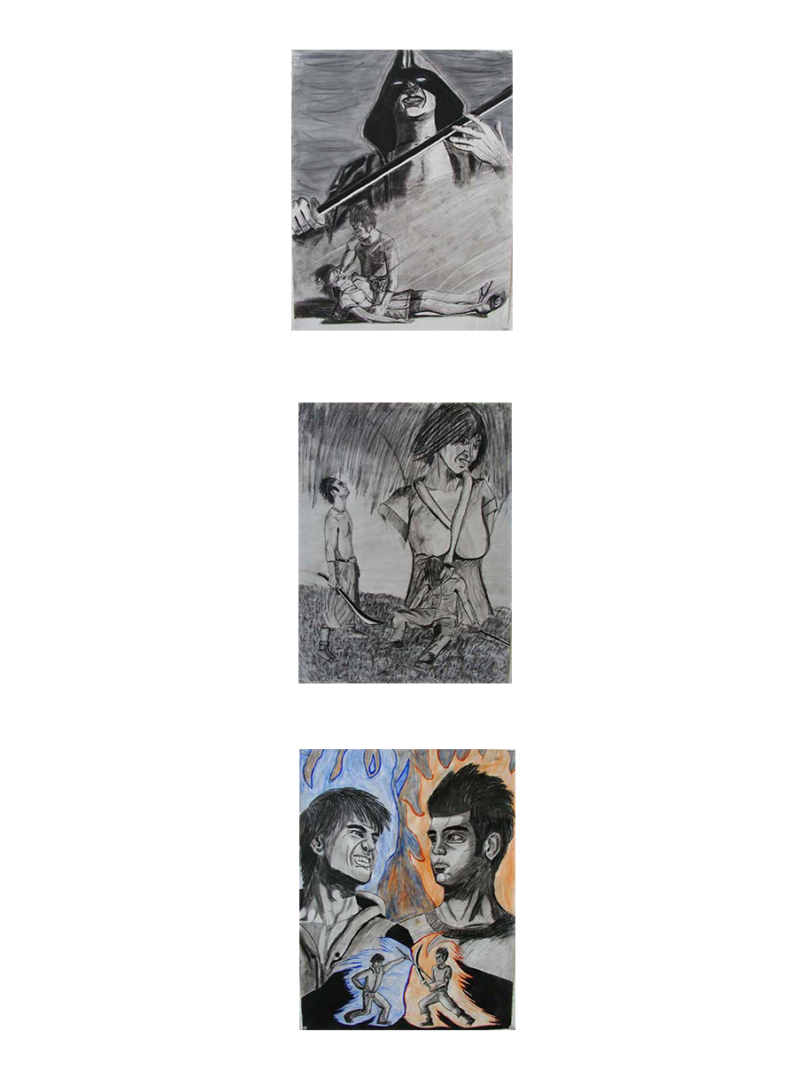 A series of charcoal and graphite drawings detailing a game concept. 